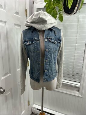 Levi's Blue Denim Jacket with Gray Hoodie Sleeves